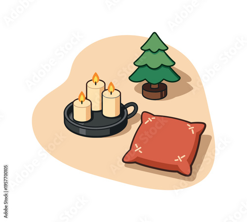 Christmas Cozy Decor. Clean christmas cozy decor concept viewed from above with generic candle holder small tree and cushion