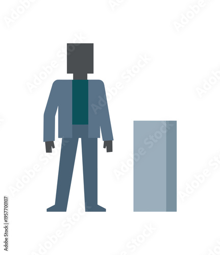 Person navigating conceptual space distilled as the figure stands beside a single stable reference form, complexity reduced.