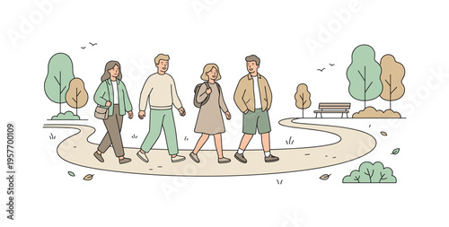 People walking city park along a wide path with relaxed smiles and unhurried steps, minimalist flat vector illustration with thin