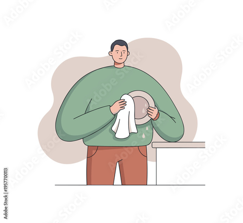 Quiet person dries plates with a soft towel, lifting each dish carefully as water droplets fade and the counter stays neat | scene