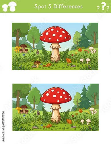 Spot 5 Differences Cartoon-Style Illustration Of A Forest Scene With Red Mushroom And Hidden Changes
