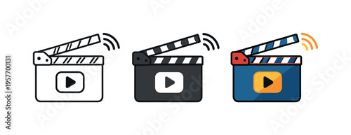 Streaming action illustrated through a clapperboard with hinged top slightly angled, same geometry displayed side by side in