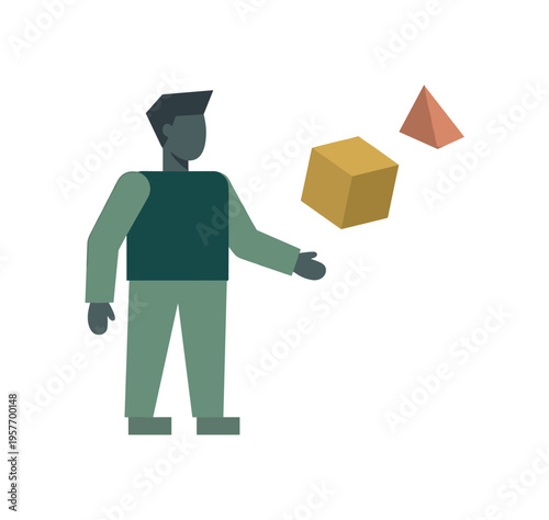 Person navigating conceptual space beginning as a figure standing before a sparse arrangement of floating geometric forms in open