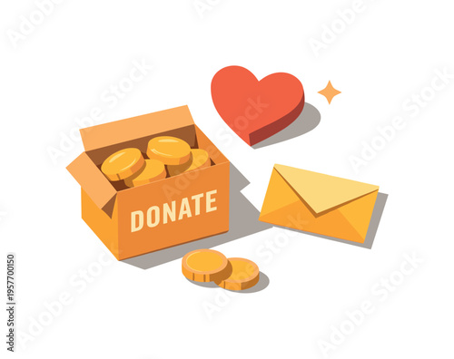 Minimal donation and charity concept with donation box coins heart and envelope loosely arranged seen from a top-down angle,
