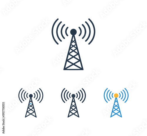 Intelligent network metaphor conveyed by a simple wireless signal tower with concentric signal waves radiating outward, standing