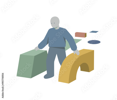 Abstract figure navigating a path of geometric shapes and obstacles