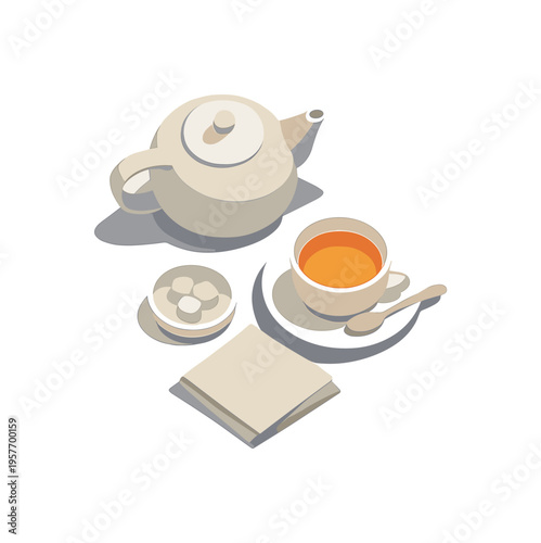 Nordic Tea Ritual. Airy tea time calm ritual emphasizing pause and balance seen in top-down macro perspective, positioned in the