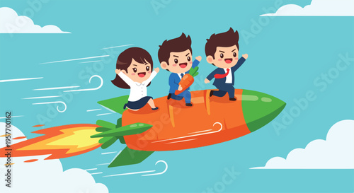 Cartoon illustration of three businesspeople riding on a rocket-powered carrot through a blue sky with clouds.