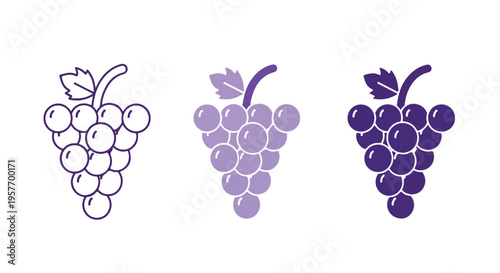 Three purple gradient grape icons with leaves on white background, flat illustration style.
