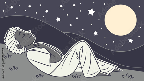 Person lying under starry sky and moonlight. Calm night, dreaming, relaxation, peaceful solitude and mindfulness concept.