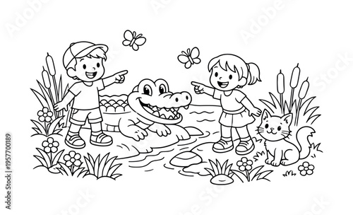 Children exploring a sunny riverbank with a grinning alligator, smiling and pointing, reeds, flowers, butterflies, and a friendly