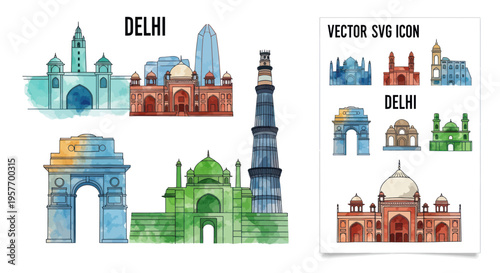 Watercolor Delhi Landmarks Collection: India Gate, Qutub Minar, Humayun's Tomb