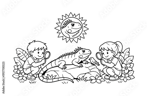 Two children observe a large iguana with magnifying glasses