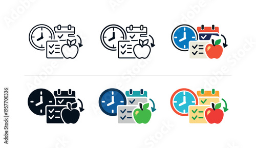 Routine activities icon depicting stylized clocks, calendars, checklists, and daily activity symbols representing personal daily