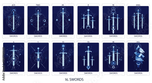 Tarot Swords Cards: Ace to Ten, Page, Knight, Queen, King - Mystical Blue Design