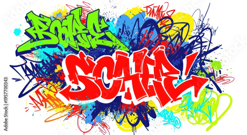 Vibrant Graffiti Art with Bold Red and Green Text on White Background