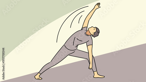 Person doing yoga stretch pose. Flexibility, balance, wellness, calm body and mind concept in soft pastel flat design.