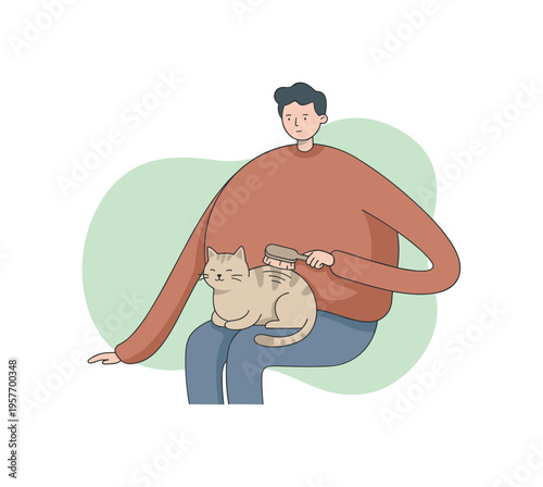 Quiet pet owner brushes a cat gently as fur smooths out and the shared moment feels calm and trusting | scene of pet owner