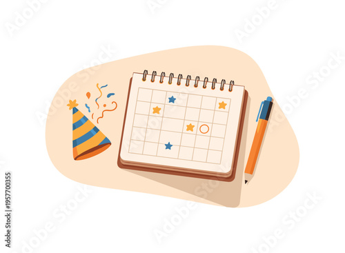 Minimalist Event Planning. Community event planning concept with simple calendar notebook pen and party icon arranged neatly seen