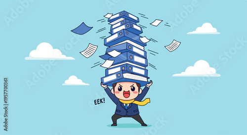 Cartoon businessman overwhelmed by a towering stack of papers against a light blue sky with white clouds.
