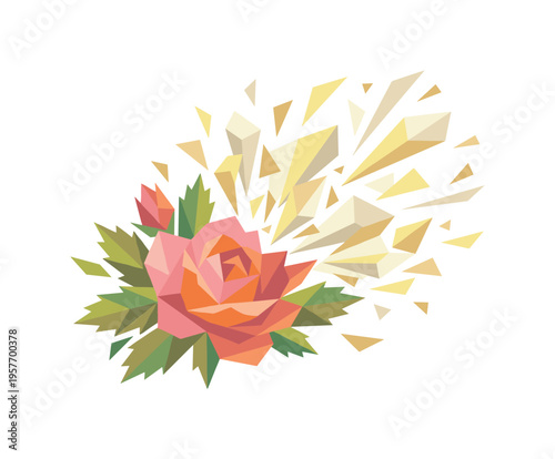 Low-poly vector illustration of a spring pollen burst as a direct hero depiction, blooming flower cluster constructed from sharp