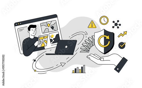 Modern minimal flat vector conceptual collage, crisp hard edges, consistent THIN outline stroke, rounded corners where needed,