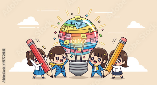 Four cartoon children standing and holding large pencils around a lightbulb with colorful blocks on a beige background with clouds.