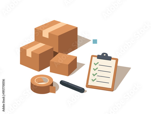 Minimal moving house packing concept with cardboard boxes tape roll marker and checklist loosely arranged seen from a top-down
