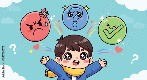 A cartoon boy with confused expression surrounded by thought bubbles with different emotions and symbols on a light blue background with clouds.