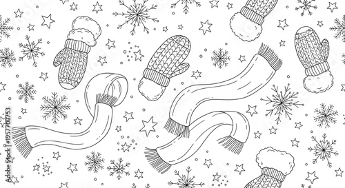 A minimalist winter illustration of scarves and mittens surrounded by snowflakes and stars in a flat design style