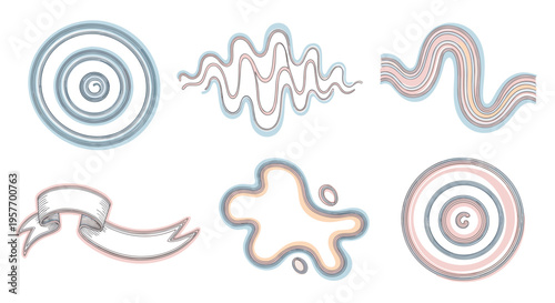 A set of six colorful abstract vector graphic designs with swirling patterns and shapes
