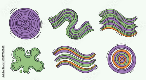 A colorful vector graphic illustration of six swirling abstract shapes in purple, green, and rainbow hues