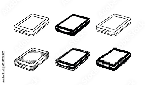 Collection of flatbed scanner illustrations in various artistic styles and textures