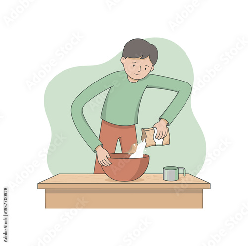 Warm child measures ingredients slowly, pouring flour into a bowl while watching the level with focus | scene of child measuring