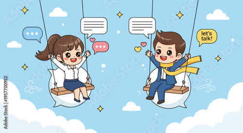 Illustration of a smiling man and woman sitting on floating speech bubbles against a blue sky with clouds and sparkles.