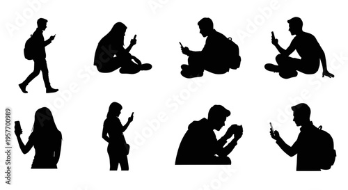 Silhouettes of people using smartphones, diverse poses and activities