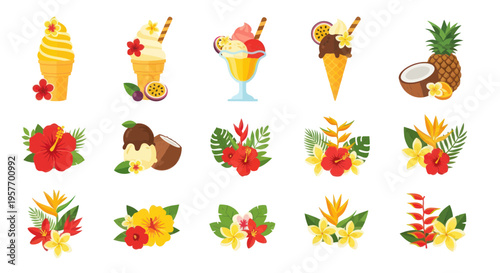 Tropical Summer Treats: Ice Cream & Exotic Fruits with Hibiscus Flowers