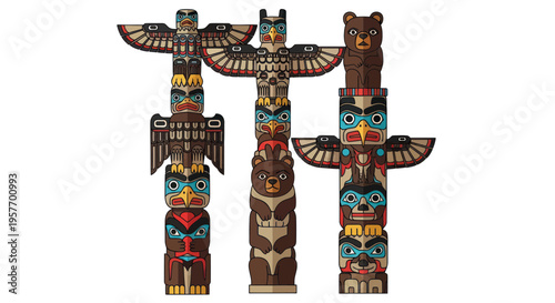 Three Indigenous Totem Poles with Animal Carvings on White Background