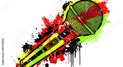 Foto Vibrant Microphone with Rasta Colors Splatter Paint - Music Performance