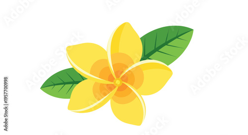 Vibrant Yellow Plumeria Flower with Green Leaves, Tropical Bloom Illustration