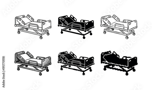 Collection of hospital bed illustrations in various artistic styles and formats