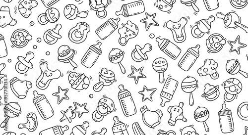 A vector illustration of baby items in a flat line art style