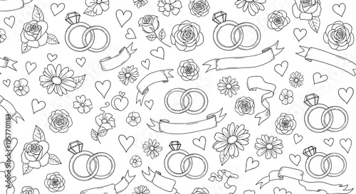 A delicate line art illustration of pumpkins, flowers, and hearts on a white background