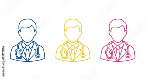 Line art illustration of three faceless doctors in blue, yellow and pink outlined in a row against a white background.