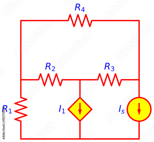Editable Electrical Circuit with Dual Current Sources and Dependent Source, Resistor Network R1 R2 R3 R4 with Controlled Current I1 and Independent Source Is, Engineering Schematic