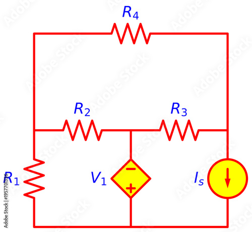 Editable Circuit with Dependent Voltage and Current Source, Resistor Network R1 R2 R3 R4 with Controlled Source V1 and Independent Current Source Is, Engineering Schematic