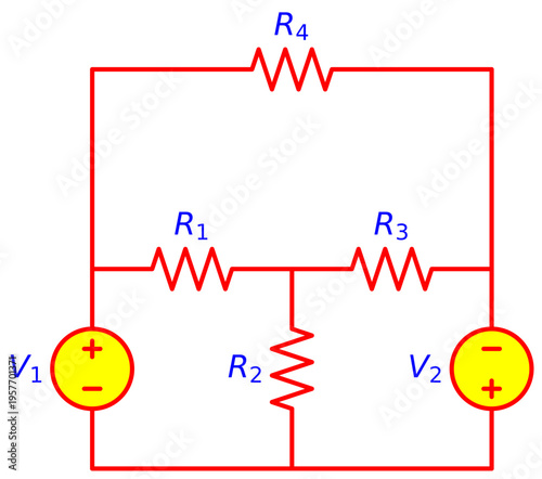Editable Dual Voltage Source Circuit Diagram, Resistor Network R1 R2 R3 R4 with Opposite Polarity Sources V1 and V2, Electrical Engineering Schematic Illustration
