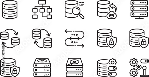 Database management and security icons set including server shield data storage and sync symbols in line style
