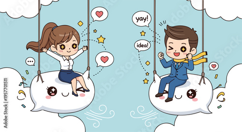 Cartoon illustration of a man and woman sitting on smiling cloud swings with speech bubbles and icons, against a light blue sky with white clouds.