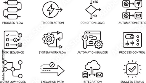 Automation workflow icons set including process flow trigger action and task sequence for business process management and optimization